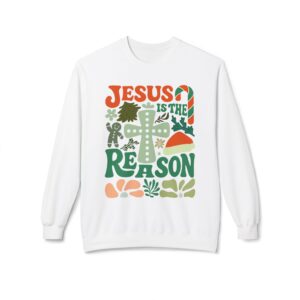 Jesus Is the Reason Retro Christian Christmas Sweatshirt – Gingerbread & Candy Cane