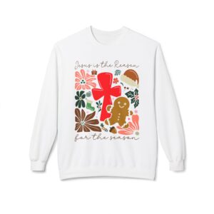 Jesus Is the Reason for the Season Christian Christmas Sweatshirt – Pink Cross & Gingerbread